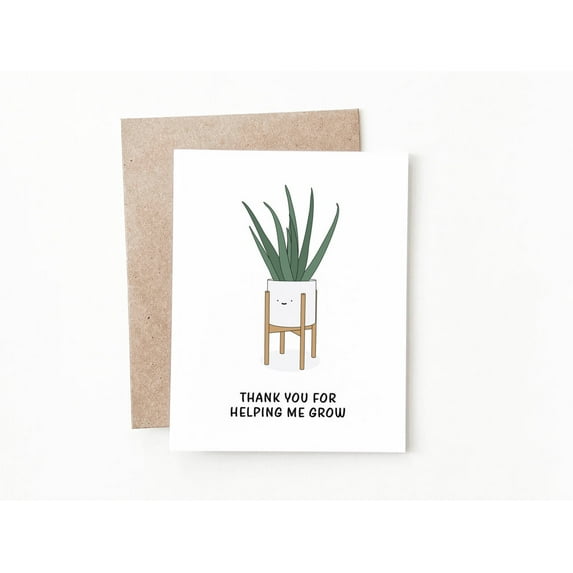 Thank You Card for Plant Lovers – "Thank You for Helping Me Grow" – Cute Potted Plant Design – Blank Inside, Envelope Included – Perfect for Appreciation Gifts