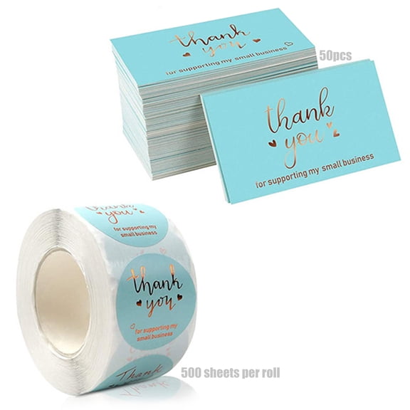 Thank You Card and Sticker Bundle for Retail Packaging, 50 Foil Business Cards & 500 Labels