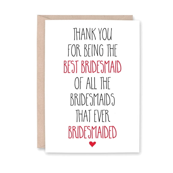 Thank You Card for Best Bridesmaid Stylish Design - Perfect Gift for Bridesmaids Blank Inside Matching Envelope Included
