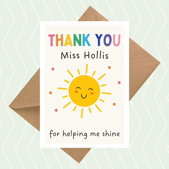 Thank You Card for Teacher Miss Hollis – Cute Sun Design – Blank Inside, Envelope Included – Perfect Appreciation Gift for Educators