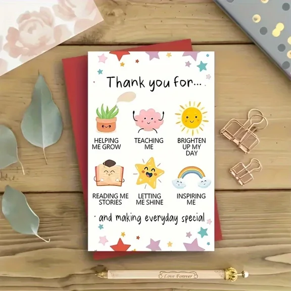 Thank You Card for Teachers - Cute Cartoon Design - Blank Inside with Envelope - Perfect Appreciation Gift for Educators, Mentors, Coaches