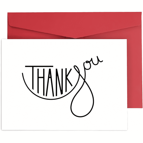Thank You Card with Red Envelope – Elegant Handwritten Style – Blank Inside for Personal Messages – Perfect for Any Occasion