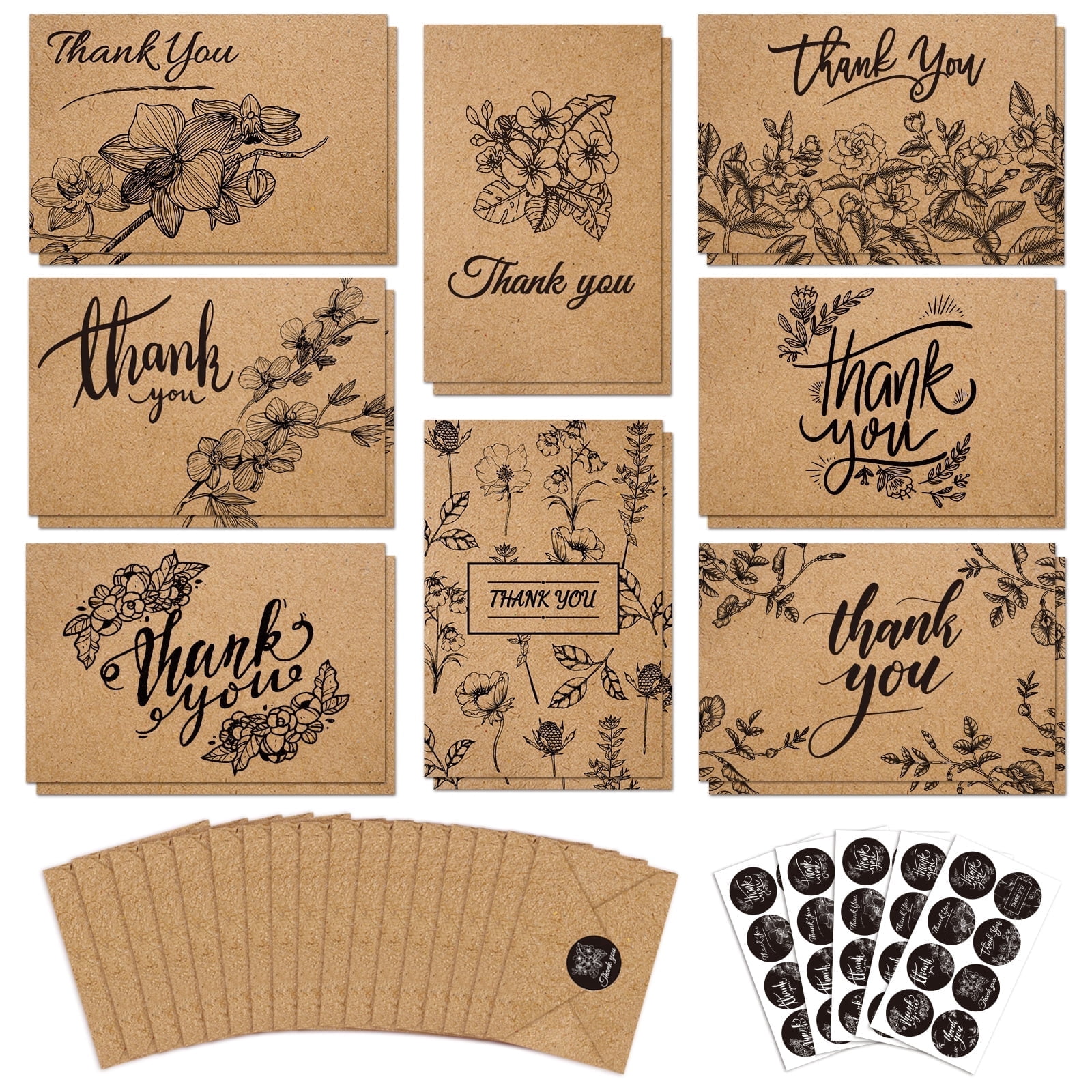 144 Bulk Brown Kraft Thank You Cards with Envelopes & Stickers, 8 Elegant Designs, 4x6 inch