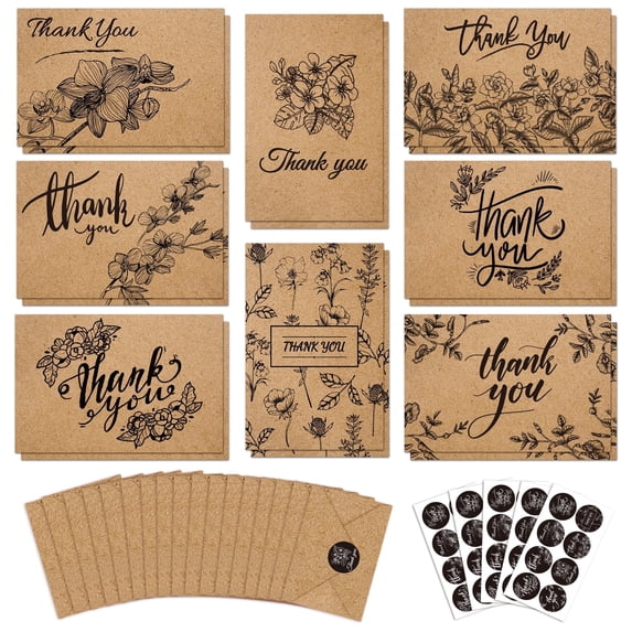 144 Bulk Brown Kraft Thank You Cards with Envelopes & Stickers, 8 ...