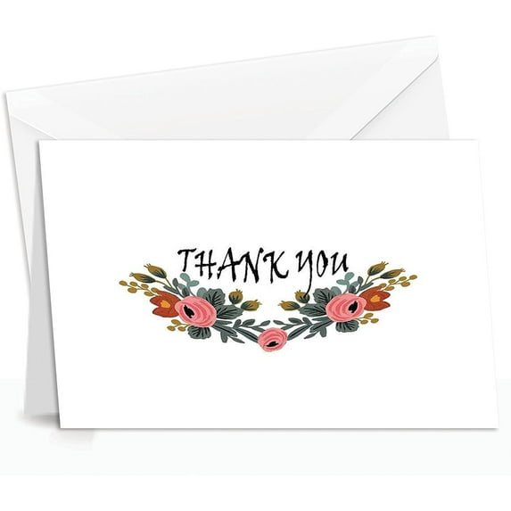 Thank You Cards with Envelopes - Perfect for Business, Anniversary, Graduation, Weddings - 4 x 7 Inches of 50 Amazing White Note Cards with Blank Greeting Space - Beautiful Classy Floral Design