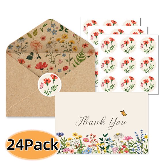 Thank You Cards With Envelopes Wildflower Thank You Cards With Envelope And Stickers for Birthday Wedding Baby Shower Bridal Shower 24 Pack 4 x 6 Inch