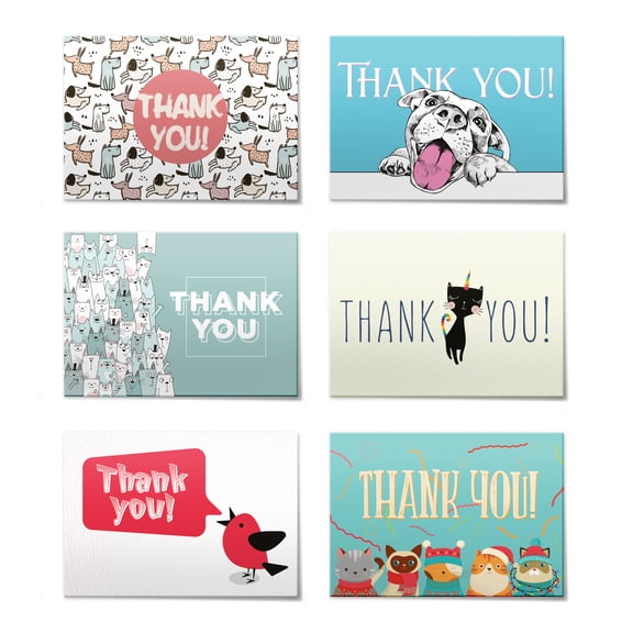Thank You Cards Set (24pcs), Includes Blank Cards & Envelopes with Stickers, 4x6", animal design perfect for any occasion