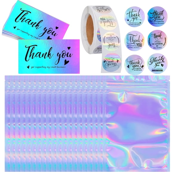 Thank You Cards and Stickers Set with Resealable Packaging Bag, Business Roll Stickers and Thank You Business Card (Holographic)