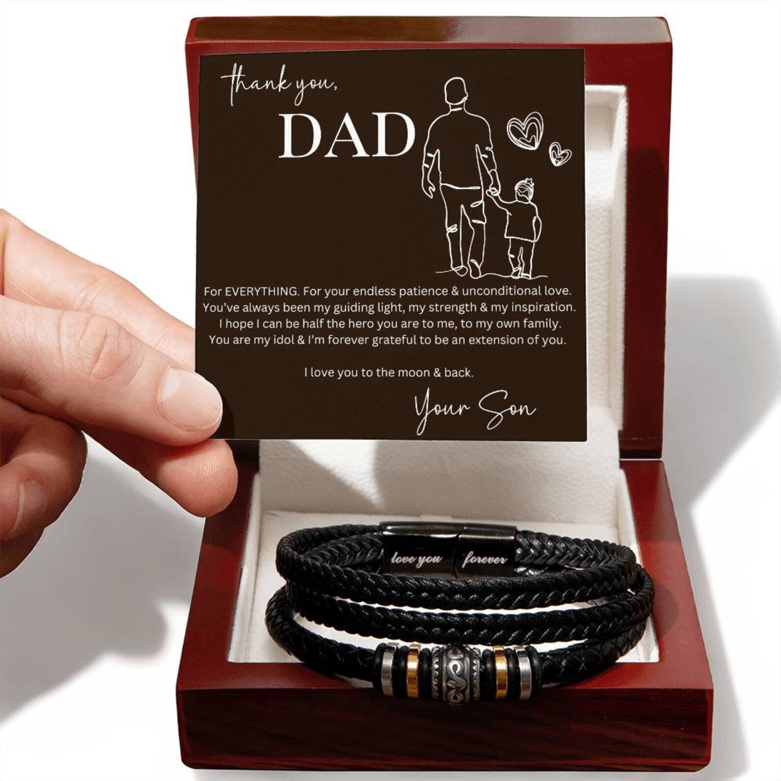 Thank You Dad Bracelet, Fathers Day Gift, I Love You Forever Bracelet, Personalized Jewelry For Dad From Son with Message Card and LED Box, Leather Bracelet for Men