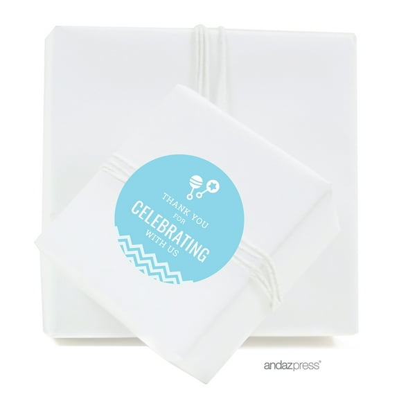Thank You For Celebrating With Us! Baby Blue Chevron Baby Shower Round Circle Label Stickers, 40-Pack