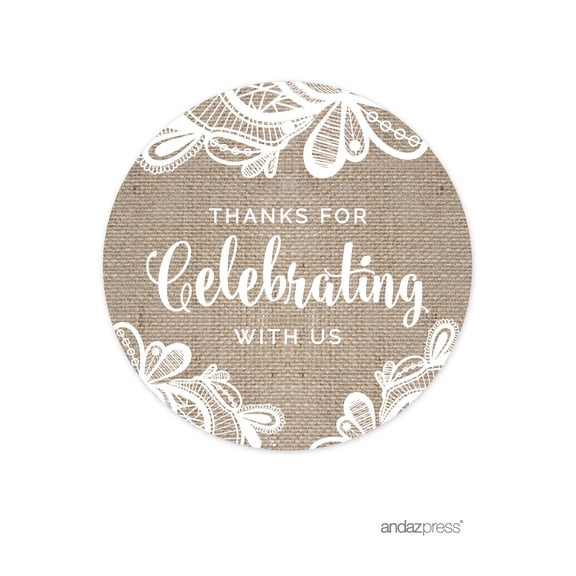 Thank You For Celebrating With Us Burlap Lace Wedding Round Circle Gift Tags, 24-Pack