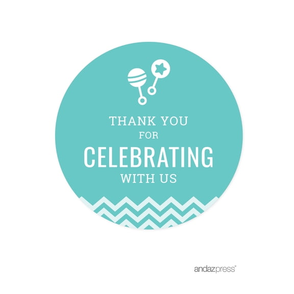 Thank You For Celebrating With Us! Diamond Blue Chevron Baby Shower Round Circle Label Stickers, 40-Pack
