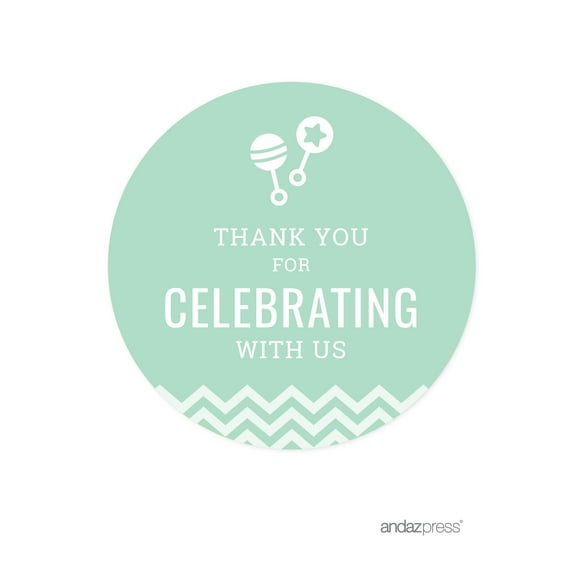 40Pcs Thank You For Celebrating With Us! Mint Green Chevron Baby Shower Round Stickers