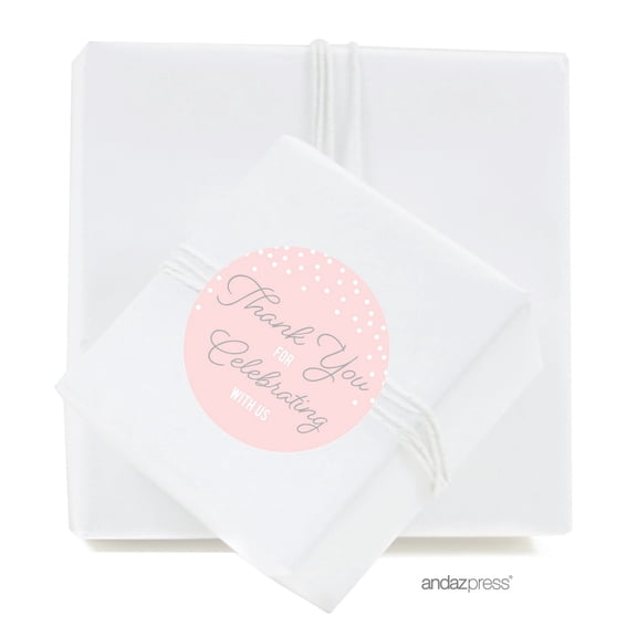 Thank You For Celebrating With Us Pink Blush and Gray Pop Fizz Clink Wedding Round Circle Label Stickers, 40-Pack