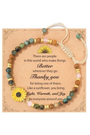 Thank You Gifts for Women, Beaded Sunflower Charm Bracelet with Sunshine Message Card, Adjustable Cord Wristband for Coworker Teacher Friend Appreciation Gift