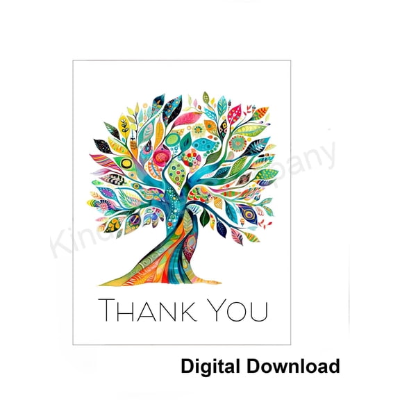 Thank You Greeting Card, Vibrant Artistic Tree Illustration with Colorful Patterned Leaves, Botanical Gratitude Note for Any Occasion, Blank Interior for Personal Messages