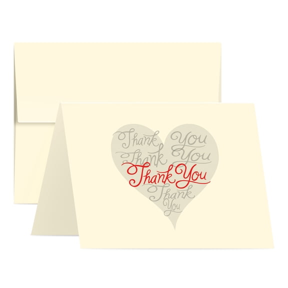 Thank You Greeting Cream Cards and Envelopes, Beautiful and Romantic Love Hearts Valentines Day Greetings for Husband, Wife, Boyfriend, or Girlfriend | 4.25 x 5.5 (A2 Size) | 25 per Pack