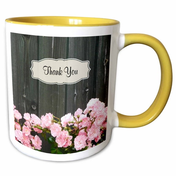 3drose, Thank You Greeting Over Image of Rambling Roses, 15oz Two-tone Yellow Mug