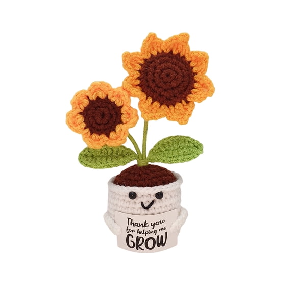 Thank You Helping Me Grow Crochet Sunflower Two Dolls Positive Cute Positive Energy With Emotion Support Card, Handmade Wool Yarn Stuffed Plush Puppet For Home Car Decoration,