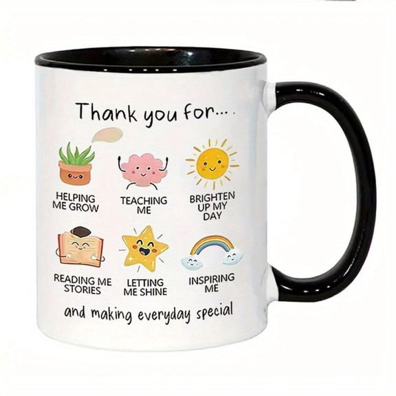 Thank You Mug with 6 Cartoon Characters Appreciation Quotes 11oz Insulated Ceramic Cup with Heartwarming Teacher Appreciation Design Helping Me Grow Planting Seeds Teachers Mentors Christmas Teachers