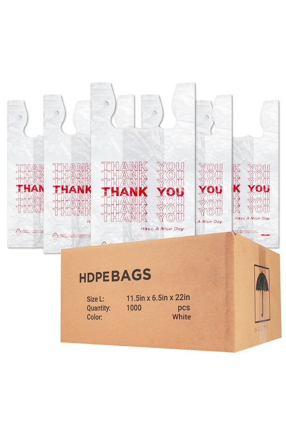 Thank You Plastic Bags - 11.5" x 6.5" x 22", White T-Shirt Bags, 1000 Count, Grocery & Retail Shopping Bags