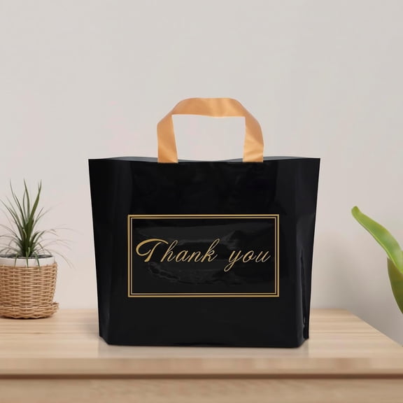 Thank You Plastic Shopping Bags for Small Businesses Extra Thick Bulk Merchandise Gift Bags with Handles, Black 50 Pack