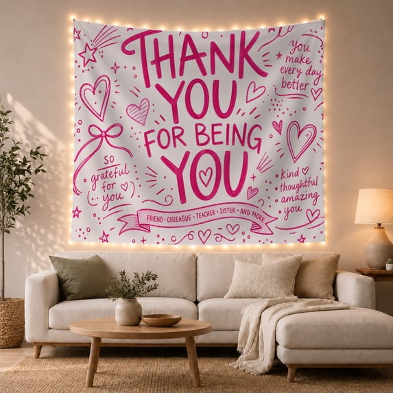 Thank You Quote Among Magenta Hearts and Stars, Playful Illustration for Teachers, Gratitude Decor, Friendship Gift, Tapestry Wall Hanging for Classroom and Dorm