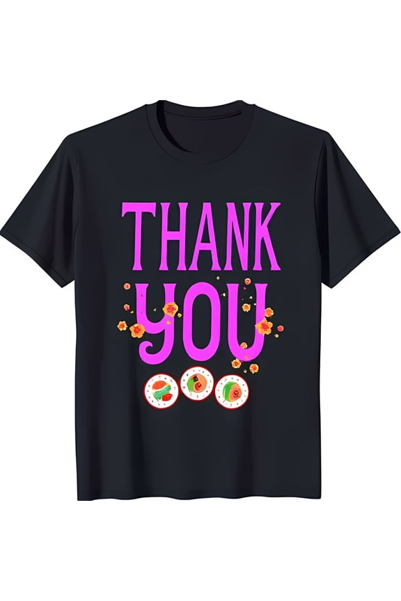 Thank You Rolls T-Shirt Dark Blue with Bold Pink Text & Colorful Flowers
