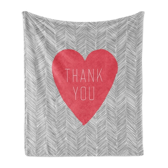 Thank You Soft Flannel Fleece Throw Blanket, Centered Big Heart Text Inside Short Stripes Love Theme Hatched Style, Cozy Plush for Indoor and Outdoor Use, 60" x 80", Dark Coral and Grey, by Ambesonne
