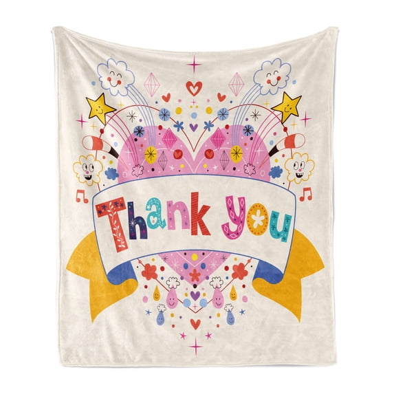 Thank You Soft Flannel Fleece Throw Blanket, Cheerful and Happy Vibes Lettering Heart Stars and Clouds Doodle Arrangement, Cozy Plush for Indoor and Outdoor Use, 50" x 60", Multicolor, by Ambesonne