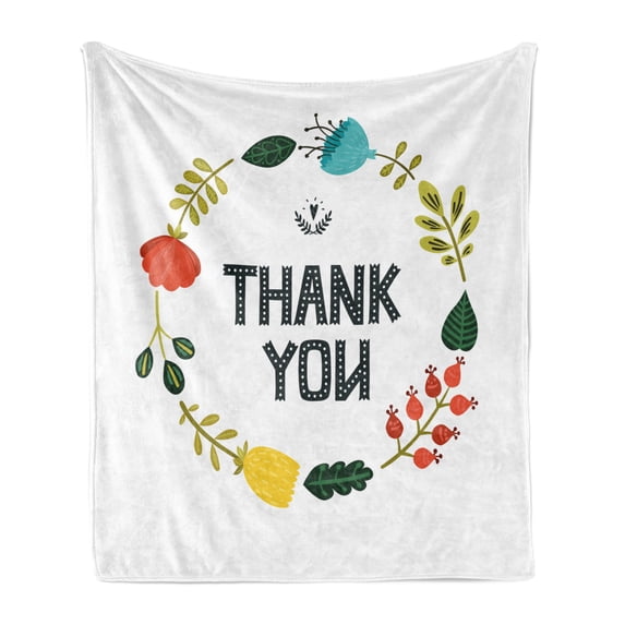 Thank You Soft Flannel Fleece Throw Blanket, Dotted Typography and Floral and Leafage Wreath on Plain Backdrop, Cozy Plush for Indoor and Outdoor Use, 50" x 60", Multicolor, by Ambesonne