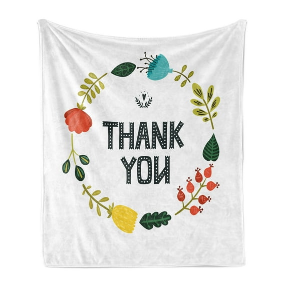 Thank You Soft Flannel Fleece Throw Blanket, Dotted Typography and Floral and Leafage Wreath on Plain Backdrop, Cozy Plush for Indoor and Outdoor Use, 50" x 70", Multicolor, by Ambesonne