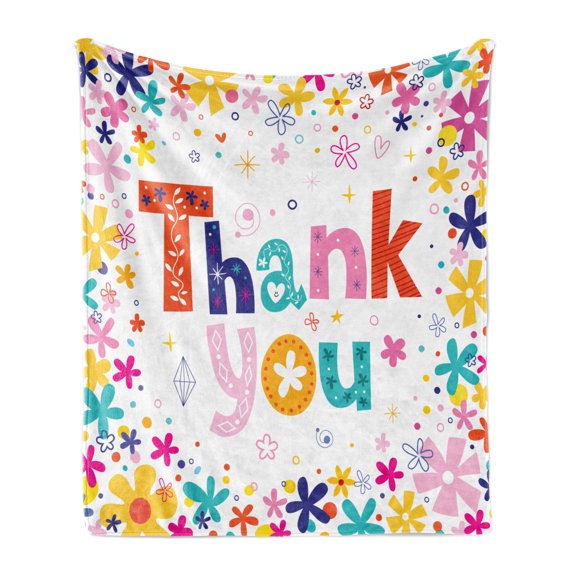 Thank You Soft Flannel Fleece Throw Blanket, Words Surrounded with Flowers Blossoms and Leaves Like Springtime Art, Cozy Plush for Indoor and Outdoor Use, 60" x 80", Multicolor, by Ambesonne