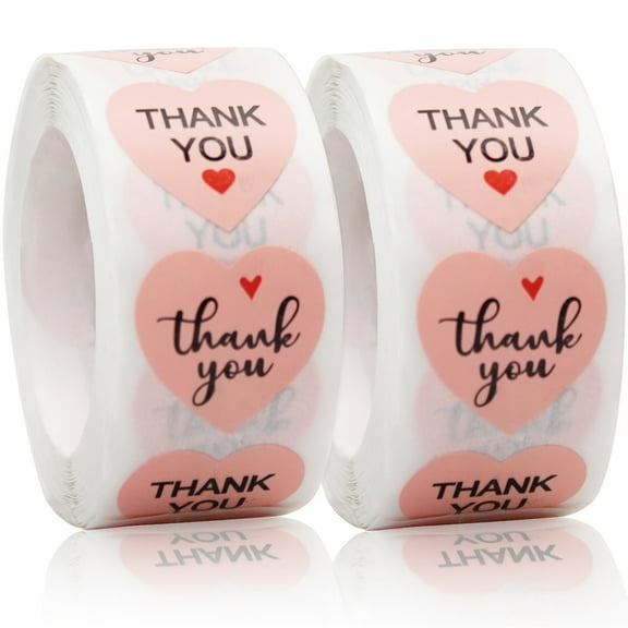 Thank You Stickers, Kraft Paper (2 Rolls / 1000 Sheets Total) Diameter 1.0 inches (25 mm), Heart Shaped