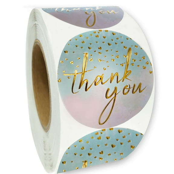 Thank You Stickers Thank You Stickers Small Business Teal Watercolor Background with Gold Foil Accents - 1.5" Round - 400 Label Per Roll Waterproof Stickers by Modern 5th