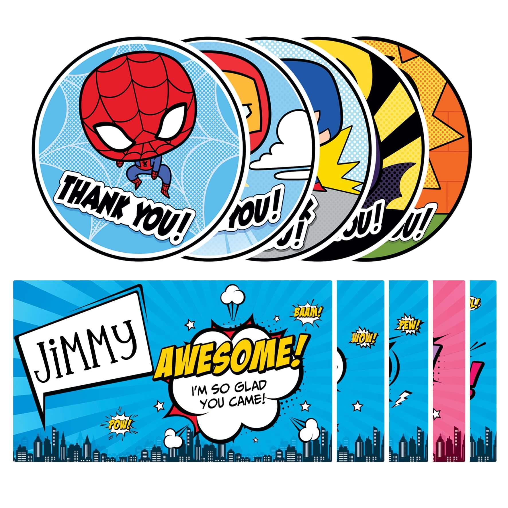 Thank You Superhero Stickers for Birthday Party Kids 110 PC Large Super Hero Comic Book Heroes