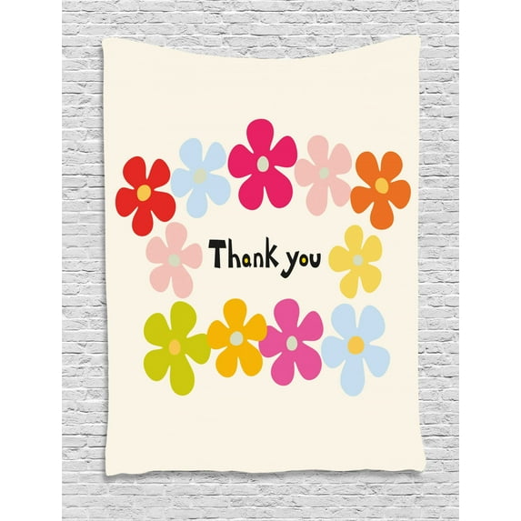 Thank You Tapestry, Colorful Flowers Simplicity Doodle Modern Typography in Floral Frame Pastel, Wall Hanging for Bedroom Living Room Dorm Decor, 40"W X 60"L, Multicolor, by Ambesonne