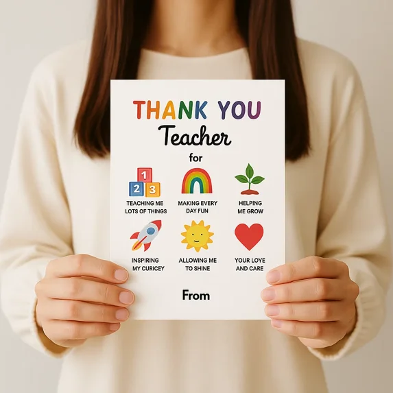 Thank You Teacher Card - Colorful Design with Heartfelt Messages - Perfect for End of Year Appreciation Gifts