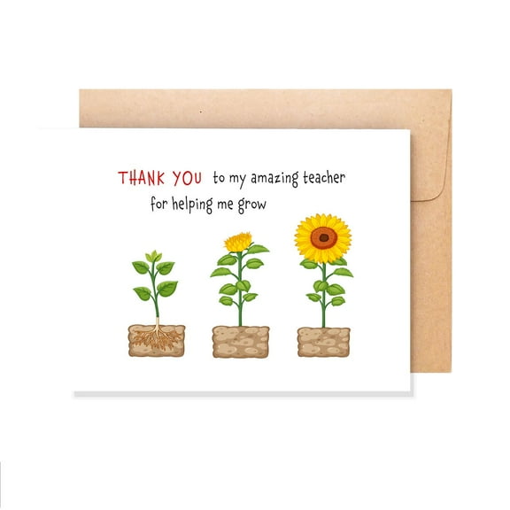 Thank You Teacher Card – "Helping Me Grow" Design – Perfect Appreciation Greeting for Educators – Blank Inside with Envelope Included