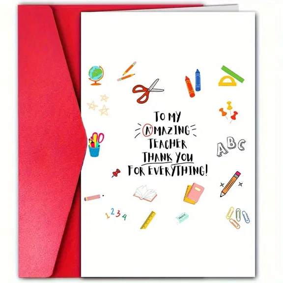 Thank You Teacher Card To My Amazing Teacher with Colorful School Supplies Design Envelope Included, Blank Inside Perfect Appreciation Gift for Teachers