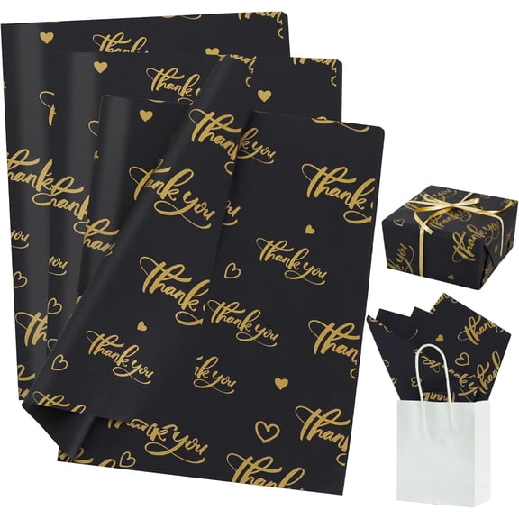 Thank You Tissue Paper Bulk, Black and Gold Wrapping Tissue Paper for Gift Bags, 14 x 20 Inch Gift Wrap for Birthday Wedding Graduation DIY Crafts Holiday Flowers,50 Sheets