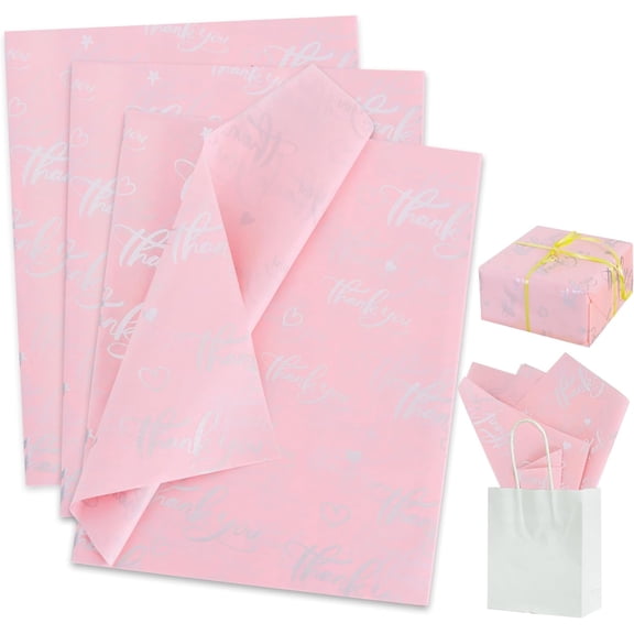Thank You Tissue Paper Bulk, Pink and Silver Wrapping Tissue Paper for Gift Bags, 14 x 20 Inch Gift Wrap for Birthday Wedding Graduation DIY Crafts Holiday Flowers,50 Sheets
