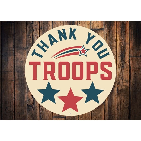 Thank You Troops Sign Veterans Day Sign Front Door Patriotic Wreath Thank You Veteran American Patriot Round Metal SignSize: 12 x 12 inch