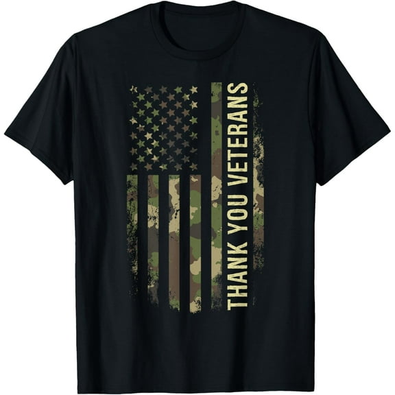 Thank You Veterans Camouflage American Flag T-ShirtMen and women, Black T-shirt, size: Extra large
