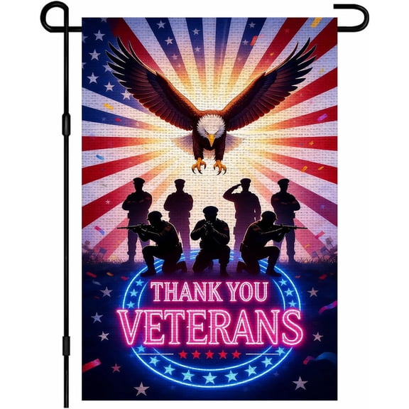 Thank You Veterans Eagle Tribute Garden Flag 12x18 Burlap Thank You Veterans Soldier Silhouettes Salute Fireworks Starburst Confetti Double Sided Patriotic Outdoor Yard House Flag for Outside Home Fr