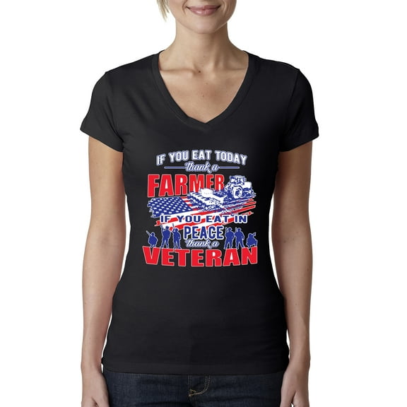 Thank a Farmer Thank a Veteran Eat In Peace Female Junior Fit V-Neck Tee, Black, Small