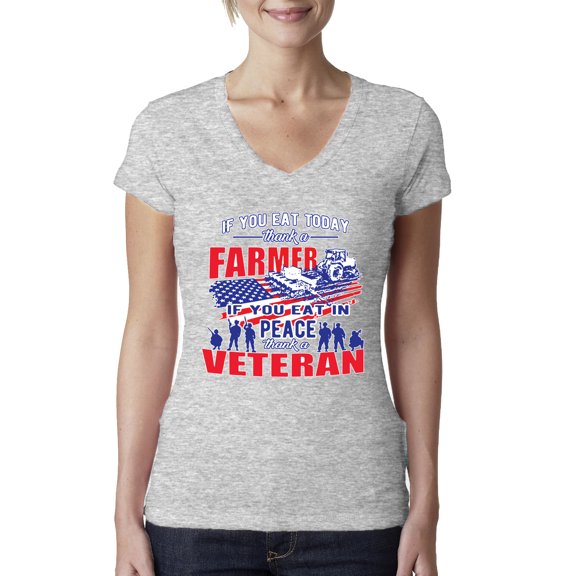 Thank a Farmer Thank a Veteran Eat In Peace Female Junior Fit V-Neck Tee, Heather Grey, X-Large
