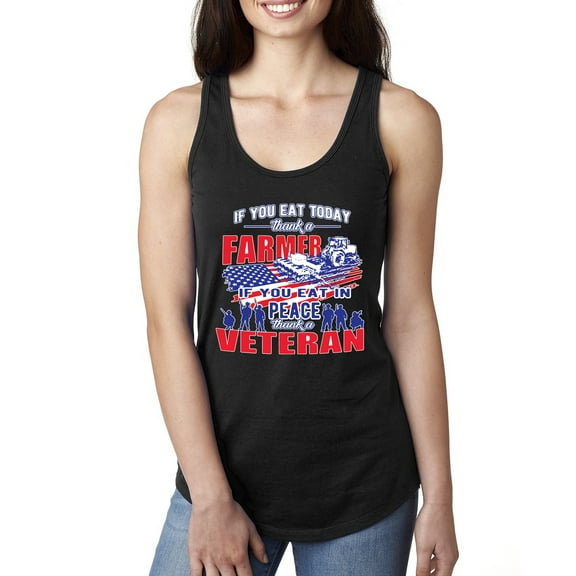 Thank a Farmer Thank a Veteran Eat In Peace Ladies Racerback Tank Top, Black, Small