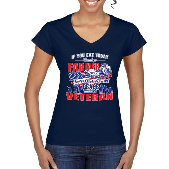 Thank a Farmer Thank a Veteran Eat In Peace Women's Standard V-Neck Tee, Navy, X-Large