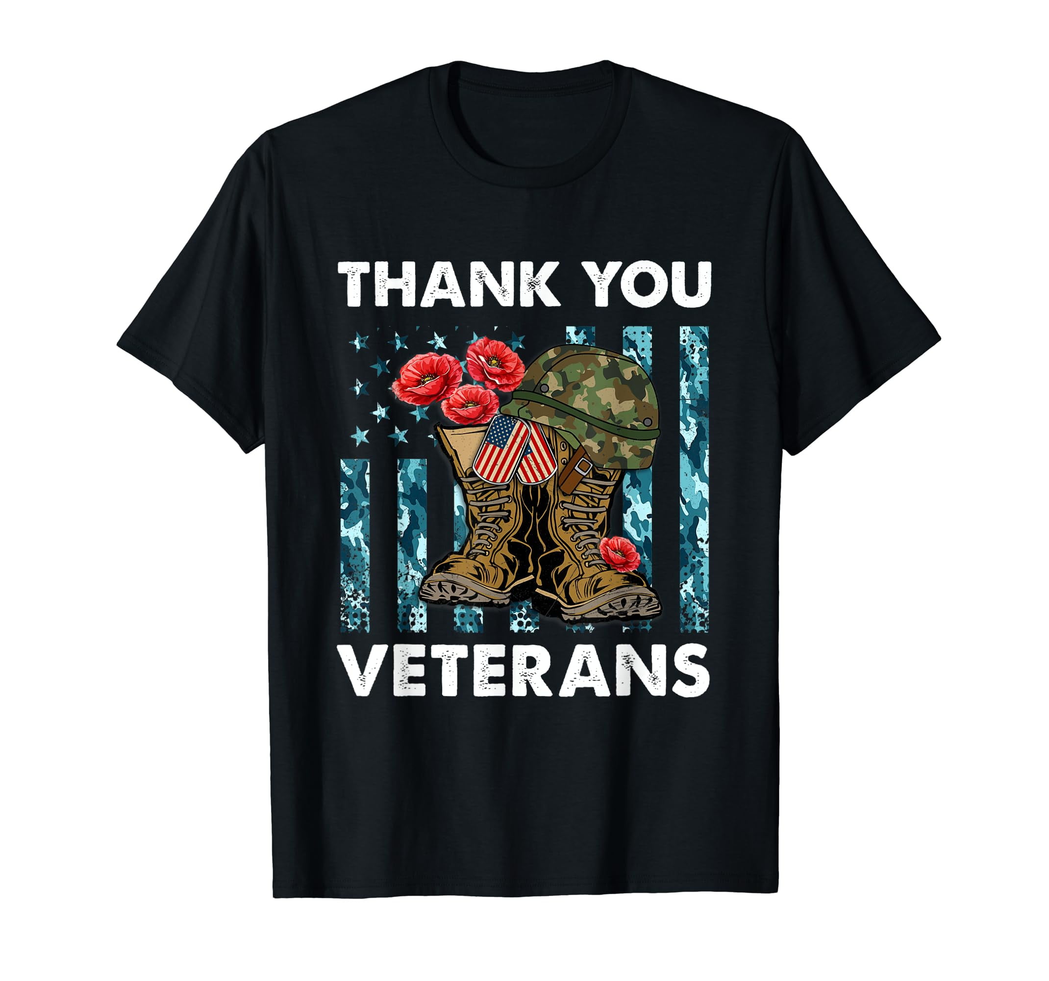 Thank you veterans combat boots poppy flower veteran day Black TShirt